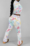 White Letters Tie Dye Print O Neck Long Sleeve Crop T Shirt And Flare Leg Pants Sportwear Casual Two Pieces Jogger Sets