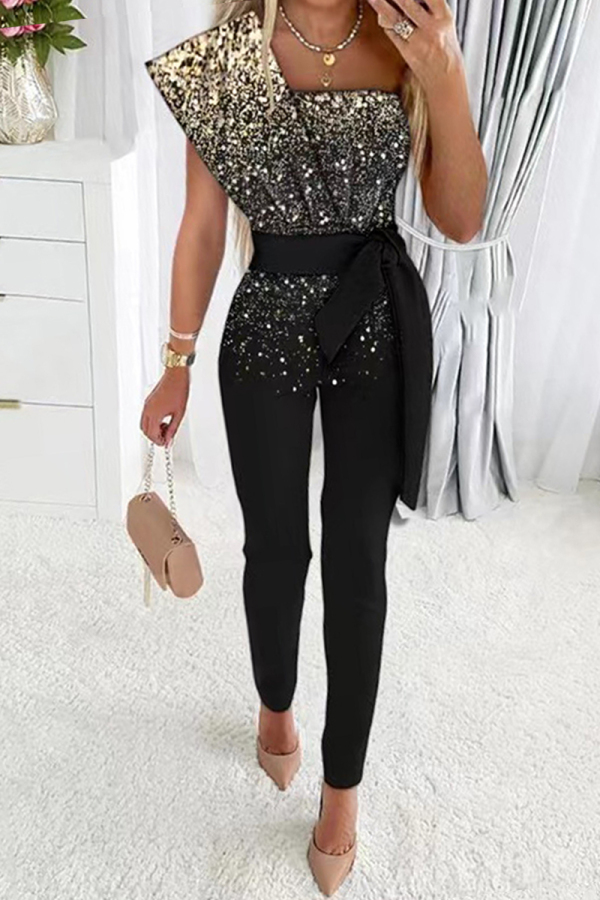 Black Sleeveless Backless Belted Formal Evening Party Prom Glitter Bodycon Jumpsuits