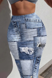 Dark Blue Casual Faux Denim Print Contrast High Waist Skinny Maxi Skirt