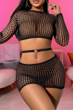 Black Hollow Out See-Through Long Sleeve Mesh Lingerie