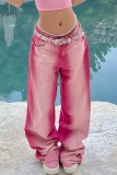 Pink Gradient Pocket Mid Waist Casual Distressed Straight Leg Denim Jeans (Without Belt)