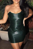 Dark Green Sleeveless Backless Strapless PU Leather Tube Tops And Mini Skirt Night Club Two Pieces Dress Sets