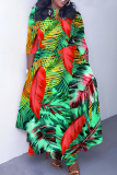 Red Green Casual Floral Print O Neck 3/4 Sleeve Belted Pockets Long Vacation Pleated Maxi Dresses
