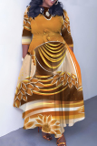 Blue Brown Casual African Figure Print O Neck 3/4 Sleeve Belted Pockets Long Vacation Pleated Maxi Dresses