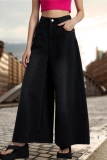 Dark Grey Casual Pocket High Waist Distressed Wide Leg Denim Jeans