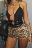 Grey Leopard Sequins Mid Waist Night Club Skinny Shorts