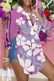 Purple Casual Floral Print Long Sleeve Buttons Slit Turndown Collar Blouse Shirt Tops