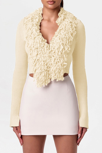 Apricot Textured V Neck with Fringed Trim Long Sleeve Fitted Crop Knitted Sweater Tops