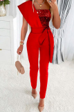 Pink Sequins Sleeveless Backless Belted Formal Evening Party Prom Bodycon Jumpsuits