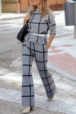 Green Plaid Print Turtleneck Long Sleeve Tops And Wide Leg Pants Formal Office Lady Casual Two Pieces Trouser Sets