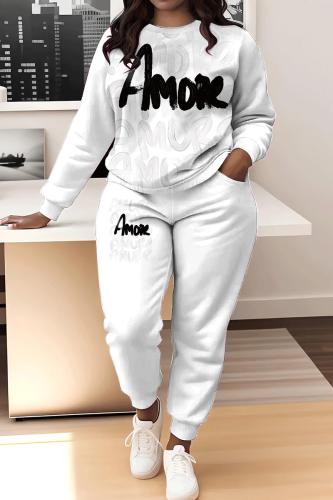 White Letter Print O Neck Long Sleeve Sweatshirt And Pants Sportwear Matching Sweatsuit Set
