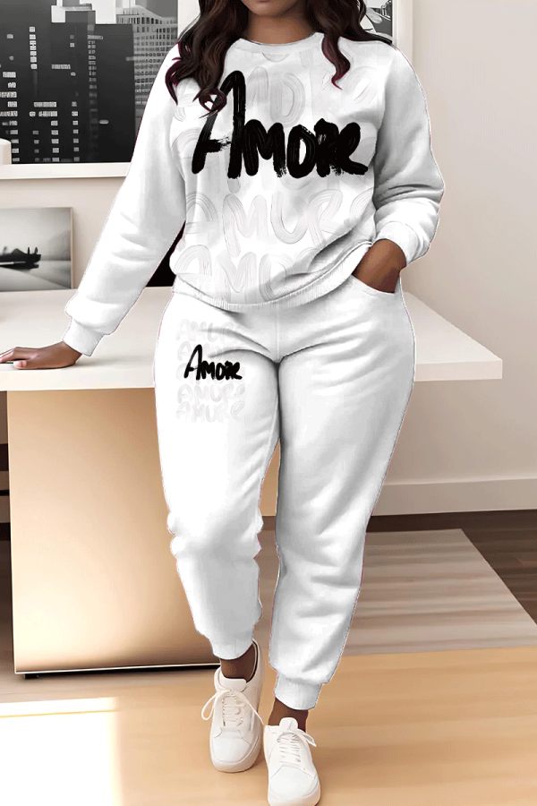 White Letter Print O Neck Long Sleeve Sweatshirt And Pants Sportwear Matching Sweatsuit Set