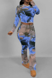 Brown Letters Tie Dye Chain Print O Neck Long Sleeve Crop T Shirt and Flare Leg Pants Sportwear Casual Two Pieces Jogger Sets