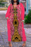 Leopard Snakeskin Print V Neck Long Sleeve Pocket Plus Size Baggy Straight Casual Outing Plus Size Maxi Dress