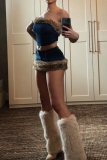 Blue Backless Strapless Sleeveless Fluffy Trim Denim Tube Crop Tops And Mini Skirts Two Pieces Dress Sets
