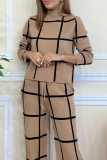 Green Plaid Print Turtleneck Long Sleeve Tops And Wide Leg Pants Formal Office Lady Casual Two Pieces Trouser Sets