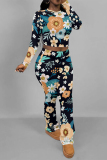Light Purple Floral Print O Neck Long Sleeve Crop T Shirt And Flare Leg Pants Sportwear Casual Two Pieces Jogger Sets