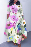 Red Green Casual Floral Print O Neck 3/4 Sleeve Belted Pockets Long Vacation Pleated Maxi Dresses