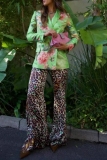 Green Floral Print Cardigan Turn-back Collar Buttons Casual Formal Office Lady Blazer Jackets