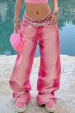 Pink Gradient Pocket Mid Waist Casual Distressed Straight Leg Denim Jeans (Without Belt)