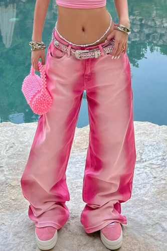 Pink Gradient Pocket Mid Waist Casual Distressed Straight Leg Denim Jeans (Without Belt)