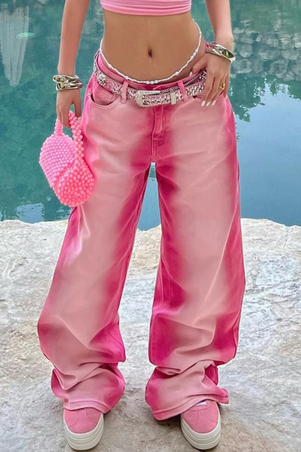 Pink Gradient Pocket Mid Waist Casual Distressed Straight Leg Denim Jeans (Without Belt)