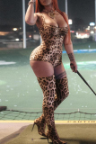 Leopard Print Backless Sleeveless Spaghetti Strap Night Club Skinny One Piece Bodysuits