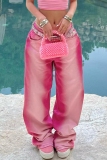 Pink Gradient Pocket Mid Waist Casual Distressed Straight Leg Denim Jeans (Without Belt)