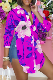 Purple Casual Floral Print Long Sleeve Buttons Slit Turndown Collar Blouse Shirt Tops