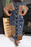 Dark Blue Casual Faux Denim Print Pocket O Neck Short Sleeve Loose Plus Size Maxi T-shirt Dresses