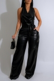 Black Sleeveless Backless Belted PU Leather Halter Crop Tops And Wide Leg Pants Formal Evening Party Prom Two Pieces Trouser Sets