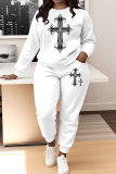 White Letter Print O Neck Long Sleeve Sweatshirt And Pants Sportwear Matching Sweatsuit Set