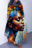 Blue Brown Casual African Figure Print O Neck 3/4 Sleeve Belted Pockets Long Vacation Pleated Maxi Dresses