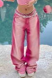 Pink Gradient Pocket Mid Waist Casual Distressed Straight Leg Denim Jeans (Without Belt)