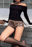 Grey Leopard Sequins Mid Waist Night Club Skinny Shorts