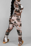 Brown Letters Tie Dye Chain Print O Neck Long Sleeve Crop T Shirt and Flare Leg Pants Sportwear Casual Two Pieces Jogger Sets