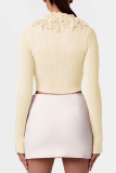 Apricot Textured V Neck with Fringed Trim Long Sleeve Fitted Crop Knitted Sweater Tops