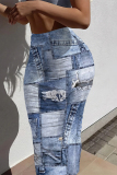 Dark Blue Casual Faux Denim Print Contrast High Waist Skinny Maxi Skirt
