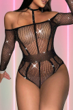 Black Hot Drilling Hollow Out See-Through Backless Long Sleeve Mesh Lingerie One Piece Bodysuit