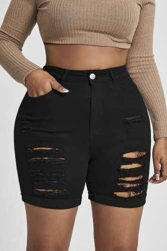 Black Casual High Waist Plus Size Stretchy Ripped Slim Fit Denim Shorts