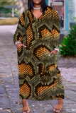 Leopard Snakeskin Print V Neck Long Sleeve Pocket Plus Size Baggy Straight Casual Outing Plus Size Maxi Dress