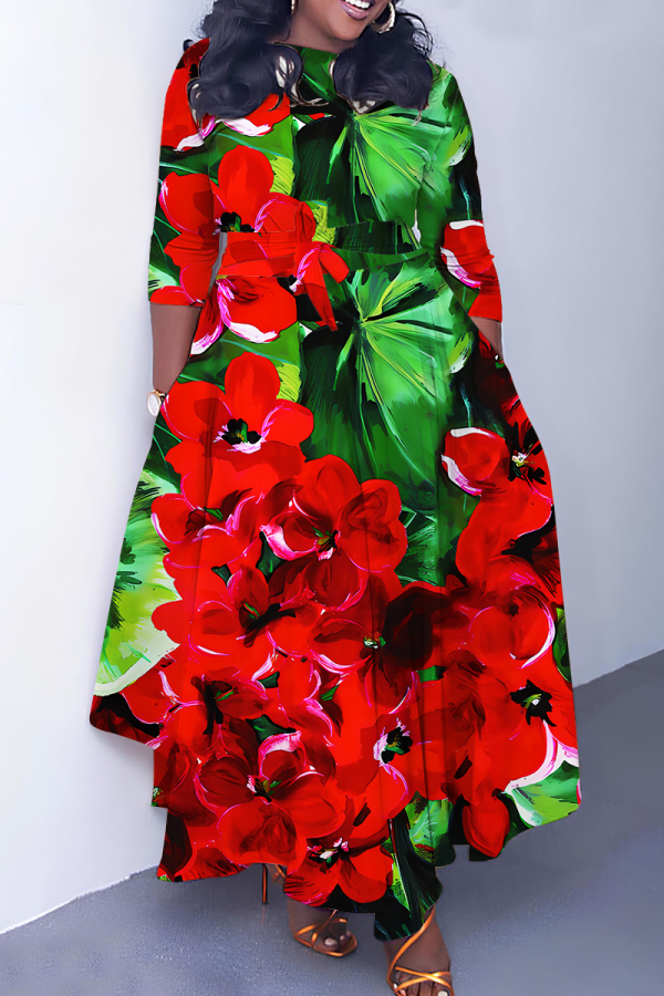 Red Green Casual Floral Print O Neck 3/4 Sleeve Belted Pockets Long Vacation Pleated Maxi Dresses