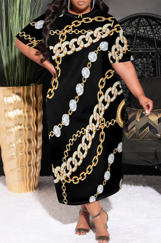 Black Casual Chain Print Pocket O Neck Short Sleeve Loose Plus Size Maxi T-shirt Dresses