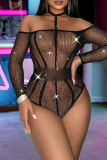 Black Hot Drilling Hollow Out See-Through Backless Long Sleeve Mesh Lingerie One Piece Bodysuit