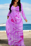 Apricot Floral Print V Neck Long Sleeve Floor Length Casual Outings Loose Boho Maxi Dress