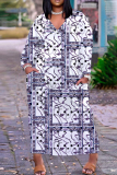Leopard Snakeskin Print V Neck Long Sleeve Pocket Plus Size Baggy Straight Casual Outing Plus Size Maxi Dress