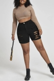 Black Casual High Waist Plus Size Stretchy Ripped Slim Fit Denim Shorts