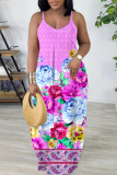 Multicolor Graphics Print Backless Spaghetti Strap Floor Length Vacation Baggy Plus Size Sundress Slip Maxi Dress