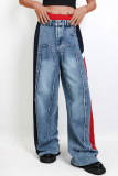 Red Colorblock Side Striped High Waisted Straight Stretchy Loose Casual Wide Leg Denim Jeans