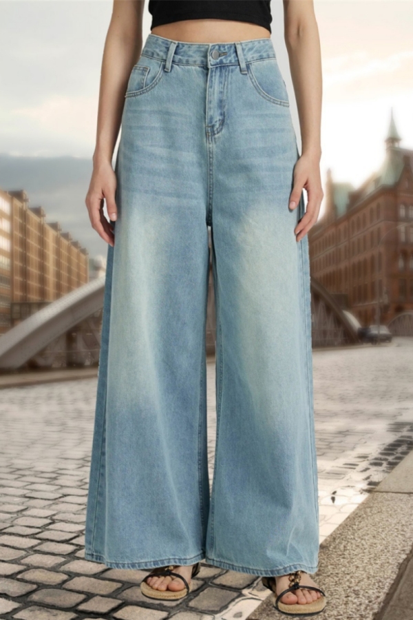 Dark Grey Casual Pocket High Waist Distressed Wide Leg Denim Jeans